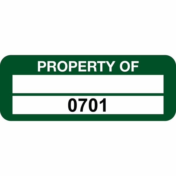 Lustre-Cal Property ID Label PROPERTY OF Polyester Green 2in x 0.75in 1 Blank Pad&Serialized 0701-0800,100PK 253744Pe2G0701